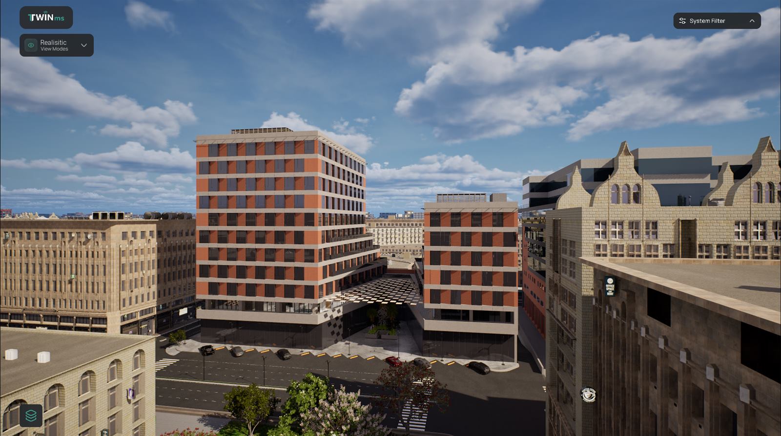 Live digital twin — real city view rendered by the TwinMS platform (Unreal Engine)