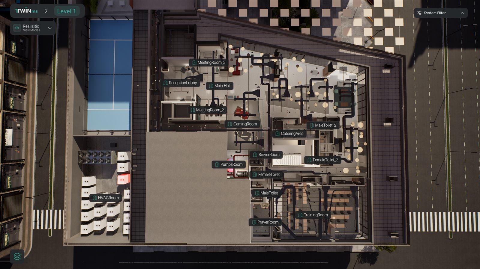 Live digital twin — real building cutaway rendered by the TwinMS platform (Unreal Engine)